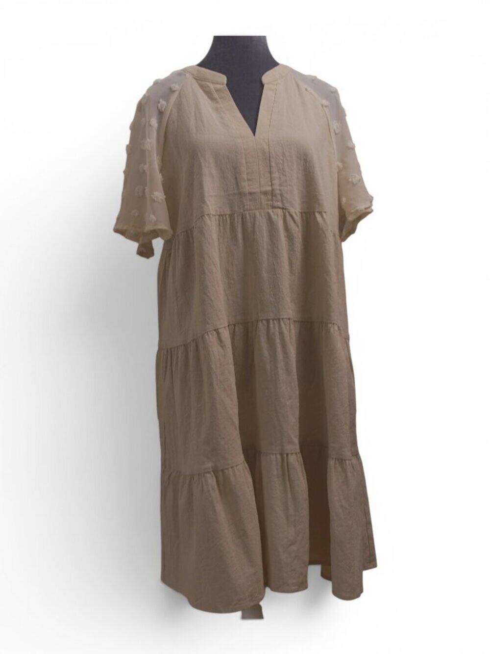100% Cotton Ecru Tiered Midi Dress Swiss Dot Raglan Sleeves XL NWT
